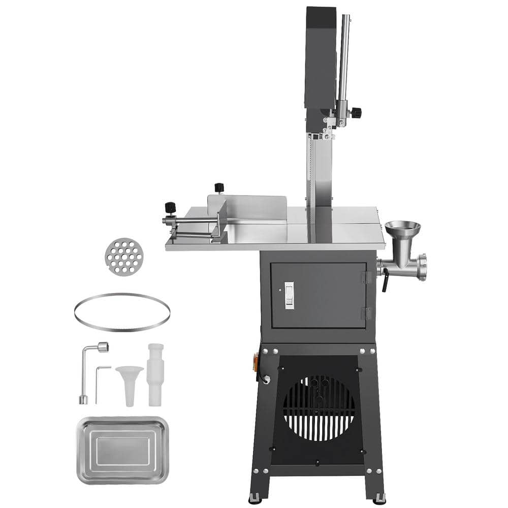 "Commercial Electric Meat Bandsaw, 550W Stainless Steel Vertical Saw in Gray 19.1""x15"" Workbench 7.09"" Cutting Thickness."