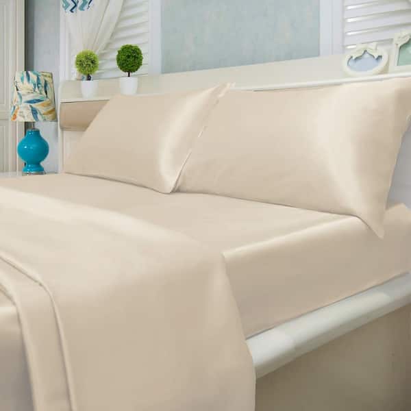 Luxury Home 4-Piece Ivory Solid Satin Microfiber Queen Ultra Soft Sheet Set