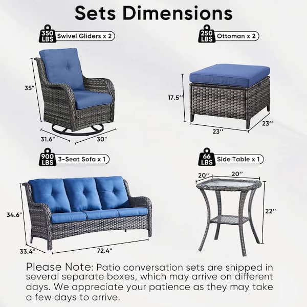 6-Piece Gray Wicker Patio Conversation Set with Olefin Blue Cushions and Swivel Glider Chairs/Couch
