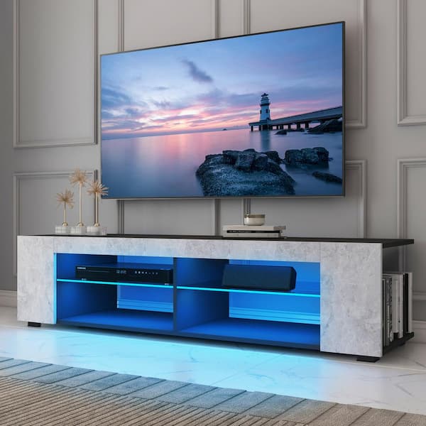 WOODYHOME 57 in. Gray and Black Wood LED TV Stand Fits TV's up to 65 in. with Glass Shelves