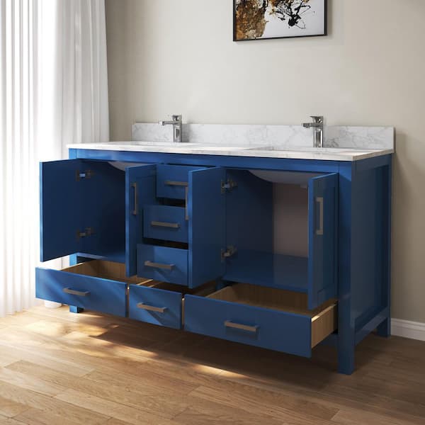 60 in. W x 22 in. D x 35 in. H Double Sinks Bath Vanity Cabinet in Blue with Cultured Marble Top