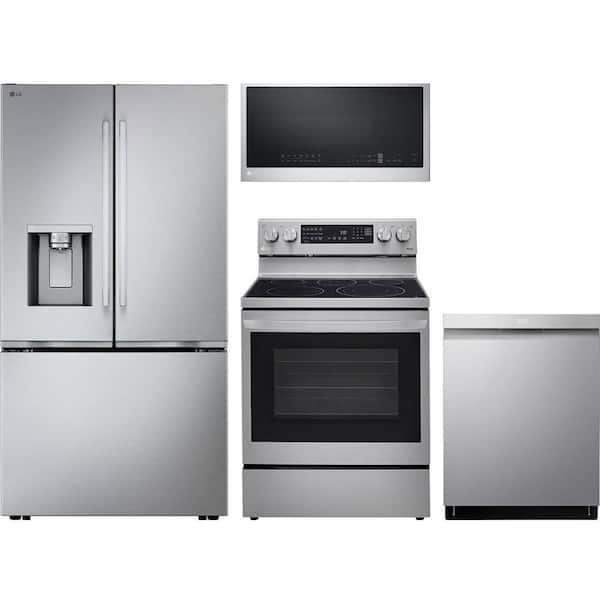 24 cu. ft. Counter Depth Refrigerator with 5 Burner Freestanding Electric Range and Dishwasher with QuadWash