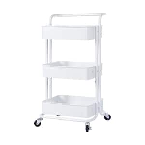 Heavy Duty Steel 3-Tier Rolling Cart with Wheels & Handle, Home Office Storage Cart Utility Cart in White