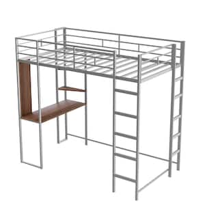 Silver Twin Size Metal Loft Bed with 2 Shelves and Desk,Loft Bed Frame with 2 Ladders,Safety Rails for Kids Teens Adults