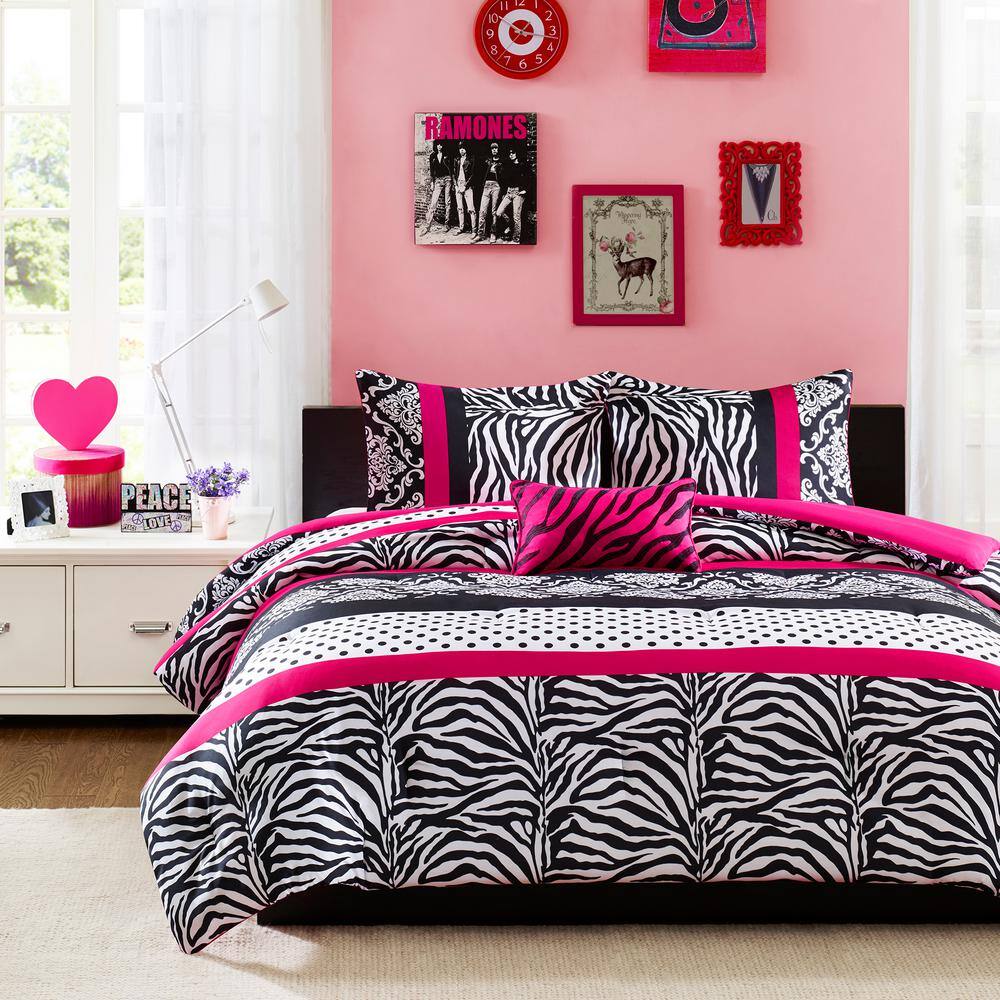 Twin XL Pink Zebra Print Microfiber Comforter Set