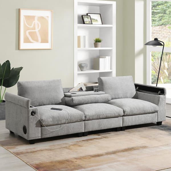Harper & Bright Designs 96 in. Flared Arm Chenille Rectangle Sofa in Gray with Bluetooth Speaker, Storage Armrest, Cup Holders, USB Charger