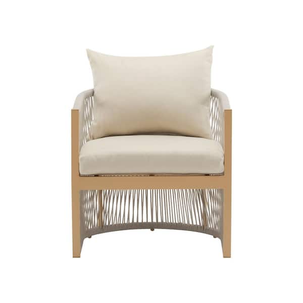 Sand Beige Curved Rope-Weave Aluminum Outdoor Lounge Chair with Cushion Guard Natural Linen Cushions​