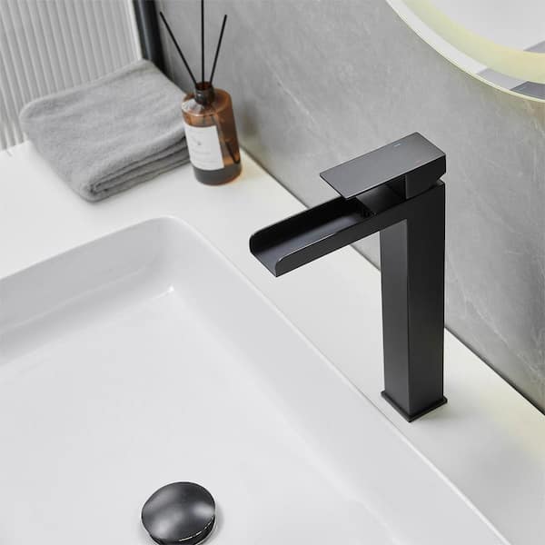 Waterfall Single Handle Vessel Sink Faucet with Drain Kit in Matte Black