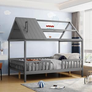 Gray Full Size Wood House Platform Bed with Chimney and Fence Rails