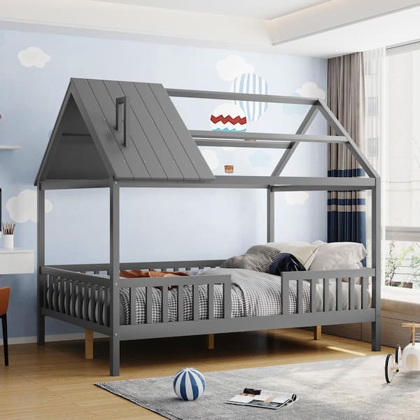 Harper & Bright Designs Gray Full Size Wood House Platform Bed with Chimney and Fence Rails