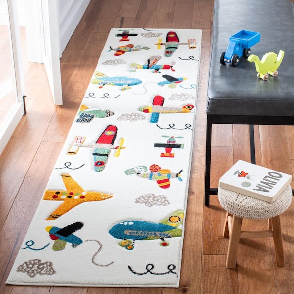 Carousel Kids 2 ft. x 10 ft. Ivory/Blue Geometric Runner Rug