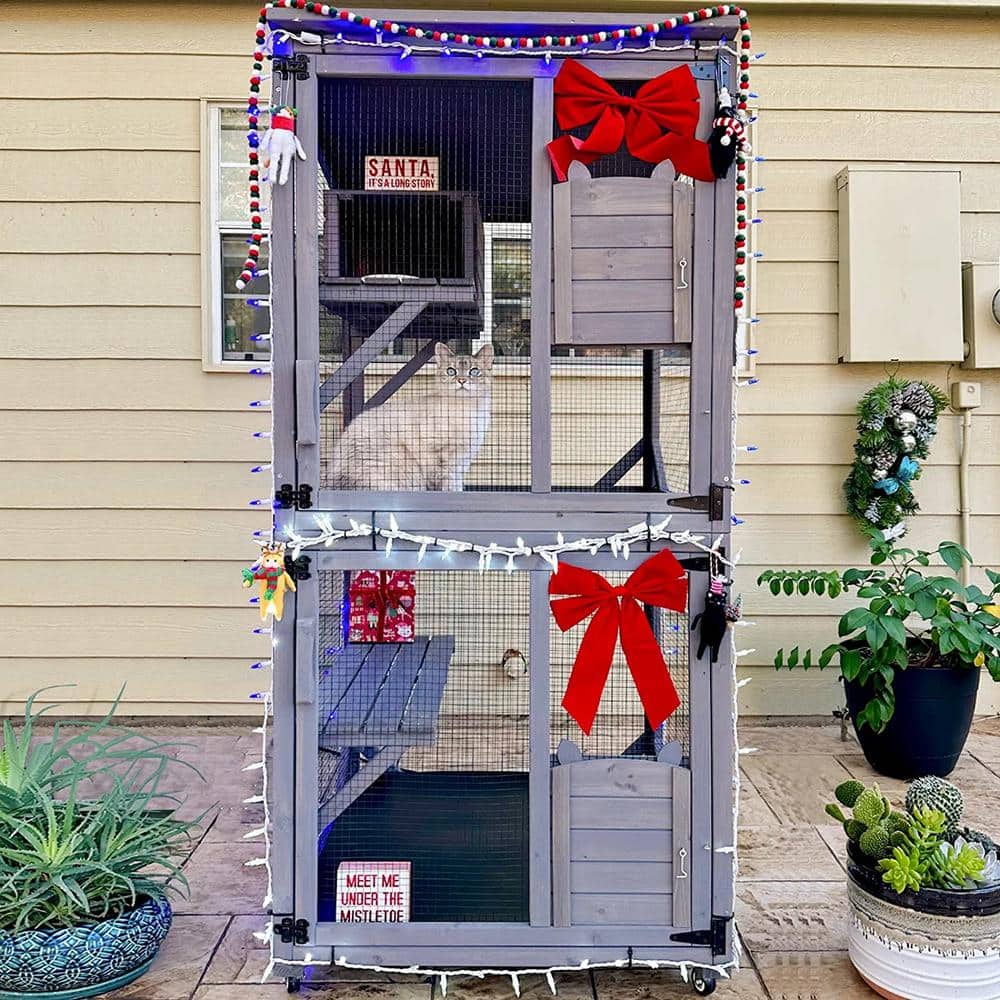 Gray Wooden Freestanding Outdoor Cat House with Platforms