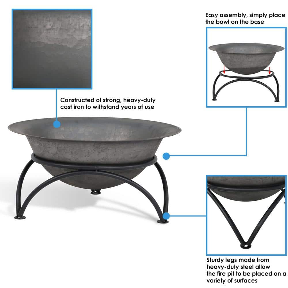 23.5" Dark Gray Cast Iron Wood-Burning Fire Pit Bowl with Stand