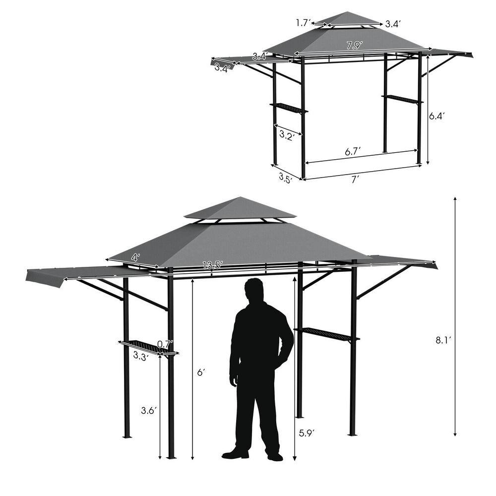 Gray Steel Outdoor BBQ Grill Gazebo with Dual Side Awnings