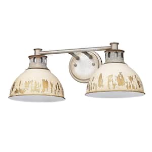 Kinsley 19.25 in. 2-Light Aged Galvanized Steel Vanity Light with Antique Ivory Shades