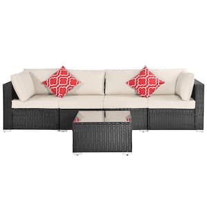 Black 5-Piece Wicker Patio Conversation Sectional Seating Set with 2 Pillows and Beige Cushions