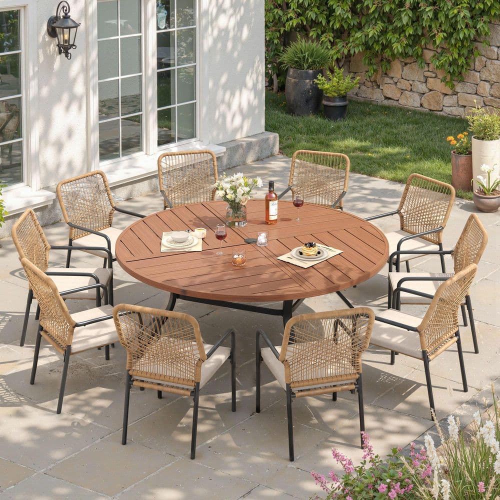 11-Piece Metal Outdoor Patio Dining Set with 63 in. Walnut Round Table and 10 Woven Rattan Chairs with Beige Cushions price history on PriceWatchPro