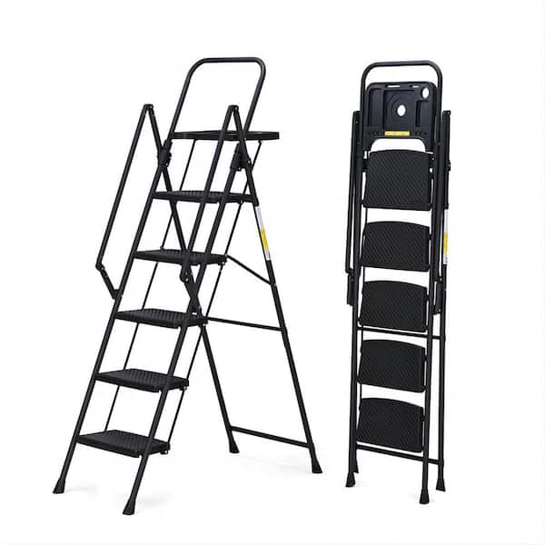 Reach 6 ft. Iron and Plastic Step Ladder (10 ft. ), 500 lb. Load Capacity with Tool Tray in Black