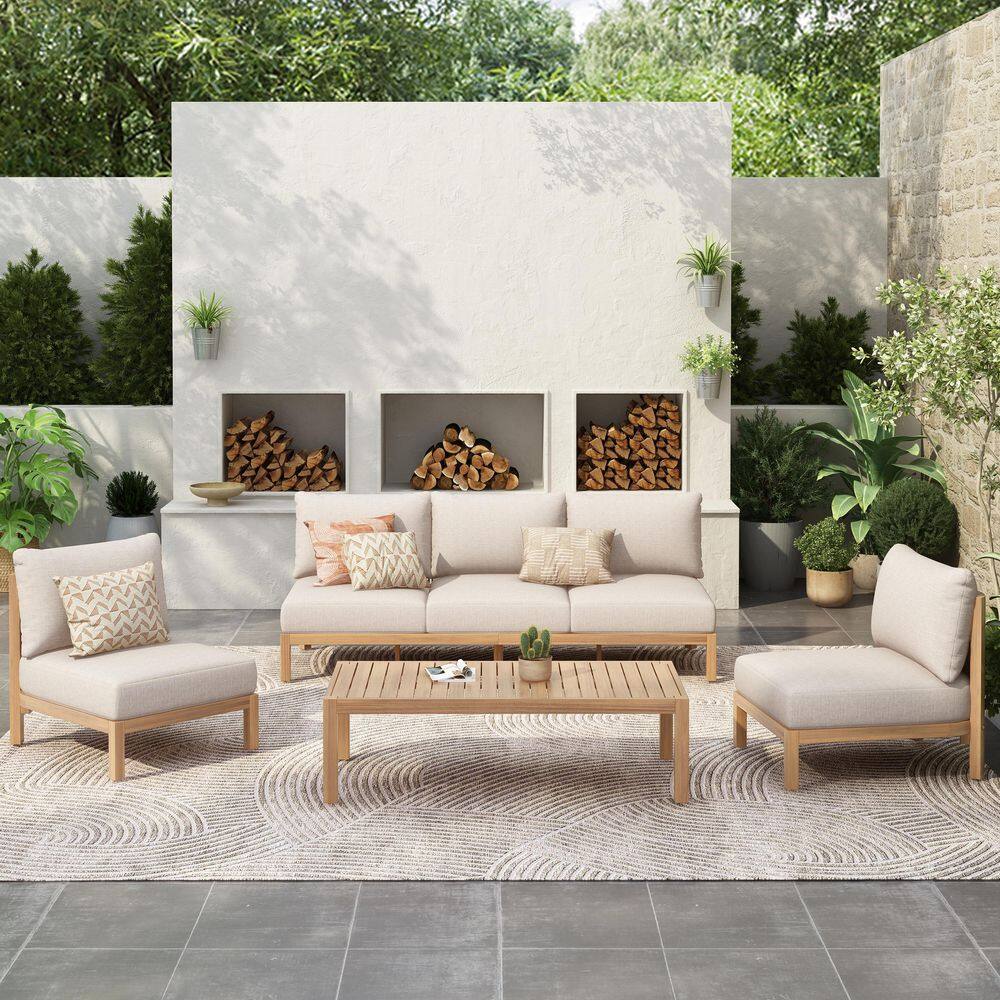 Kinsley 4-Piece Light Teak + Beige Rope Woven and Wood Outdoor Patio Conversation Set with Beige Cushions, Armless