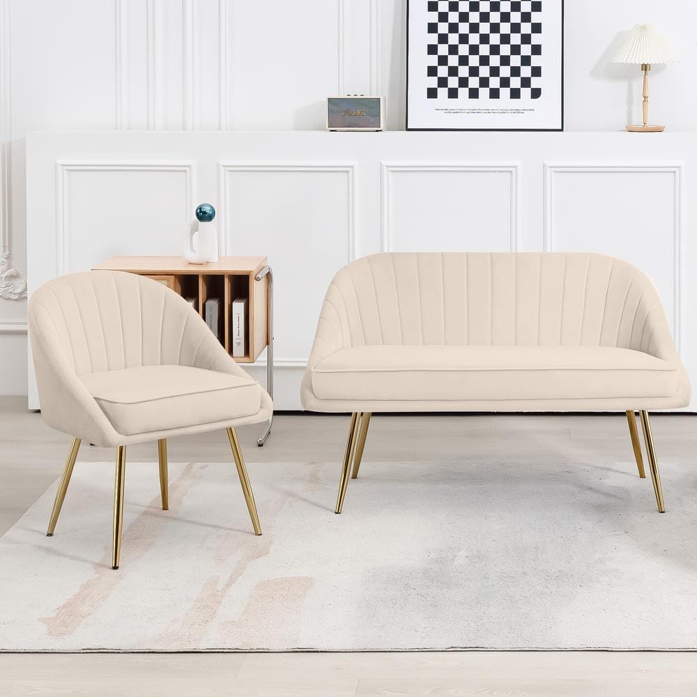 JEAREY Atye 2 Piece Beige Living Room Velvet Loveseat and Accent Chair ...