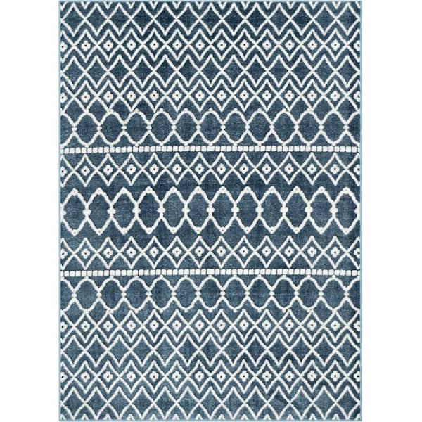 Well Woven Antalia Hira Blue 7 ft. 10 in. x 10 ft. 6 in. Moroccan Trellis Geometric High-Low Area Rug