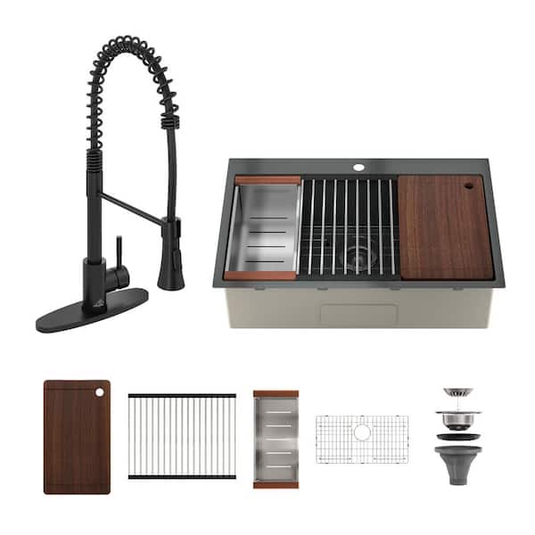 31 in. Drop-in Single Bowl 18 Gauge Gunmetal Black Stainless Steel Kitchen Sink with Pull Out Faucet with Accessories