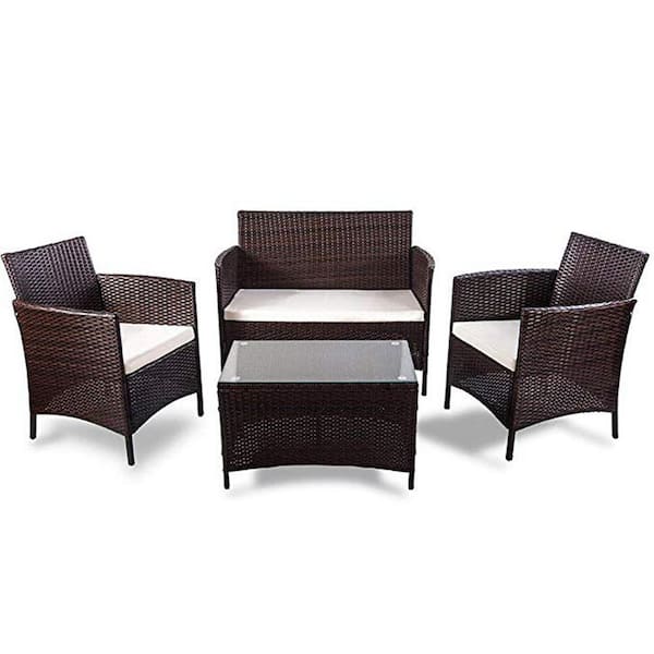 Unbranded Contracted 4-Piece Wicker Patio Conversation Set with Beige Cushions