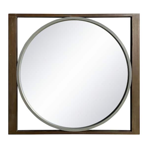 Vsmile Round decorative mirror 29 in. W x 31 in. H, Rectangle Brown Wood Framed Wall Mirror