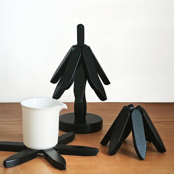 Wudkey Natural Collection Black Foldable Wooden Trivet Set with