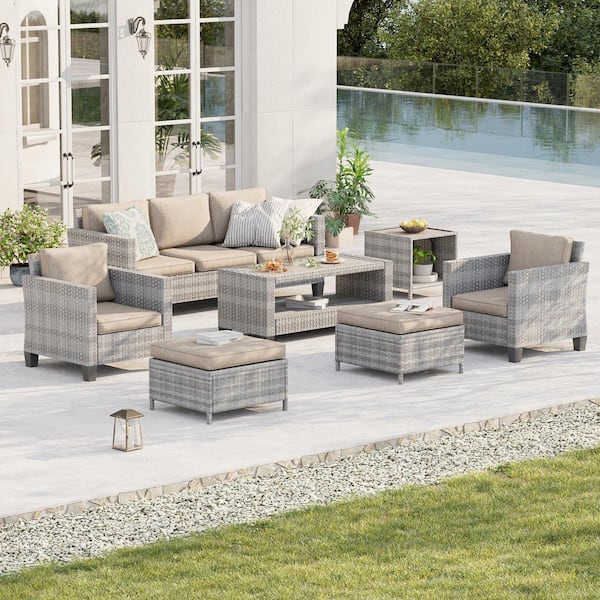 7-Piece Patio Conversation Set Grey Wicker Outdoor Furniture Set Three-Seat Sofa Thickening Cushions, Linen Flax Beige