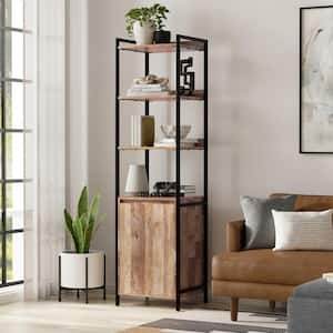 Kelsey 74 in. Tall Natural Solid Mango Wood Modern Industrial Narrow Bookshelf with Cabinet Bookcase