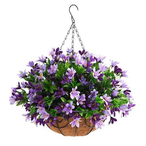 19 .7 in. Purple Artificial Lily Hanging Flowers in Coconut Lining Hanging Baskets, Outdoor Patio Lawn Garden Decor