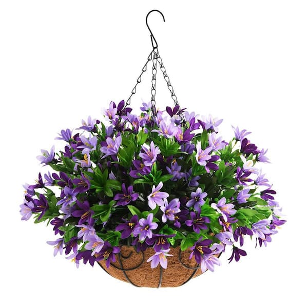 Unbranded 19 .7 in. Purple Artificial Lily Hanging Flowers in Coconut Lining Hanging Baskets, Outdoor Patio Lawn Garden Decor