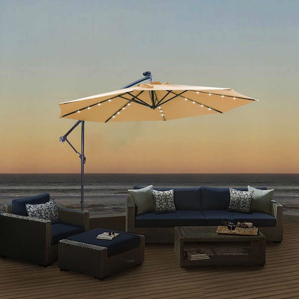 15-ft market patio umbrella with base Home Zone KUS0090U 15x9 ft Double Head Patio Umbrella w/ Base & LED Lights