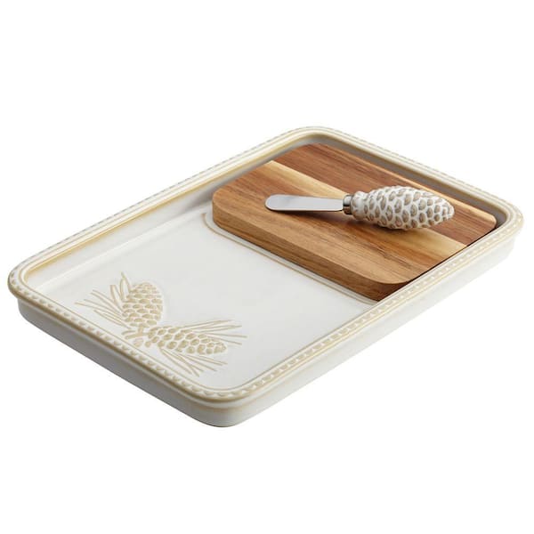 BonJour Dinnerware Sierra Pine Stoneware Cheese Board and Knife Set in Birch