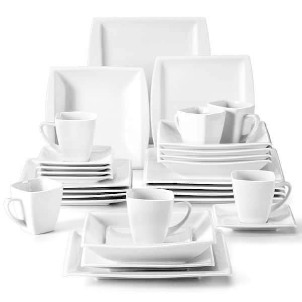 White Square Dinnerware Set for 6, 12-Piece Porcelain Plates and Bowls in Classic for Everyday Dining