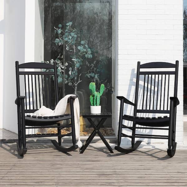 VEIKOUS Wood Outdoor Bistro Set 3 Piece With 2 Rocking Chairs and 1 Foldable Coffee Table, Black