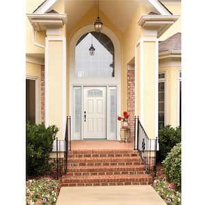 60 in. x 80 in. Right-Hand Camber Top Caldwell Decorative Glass Primed Steel Prehung Front Door with Sidelites