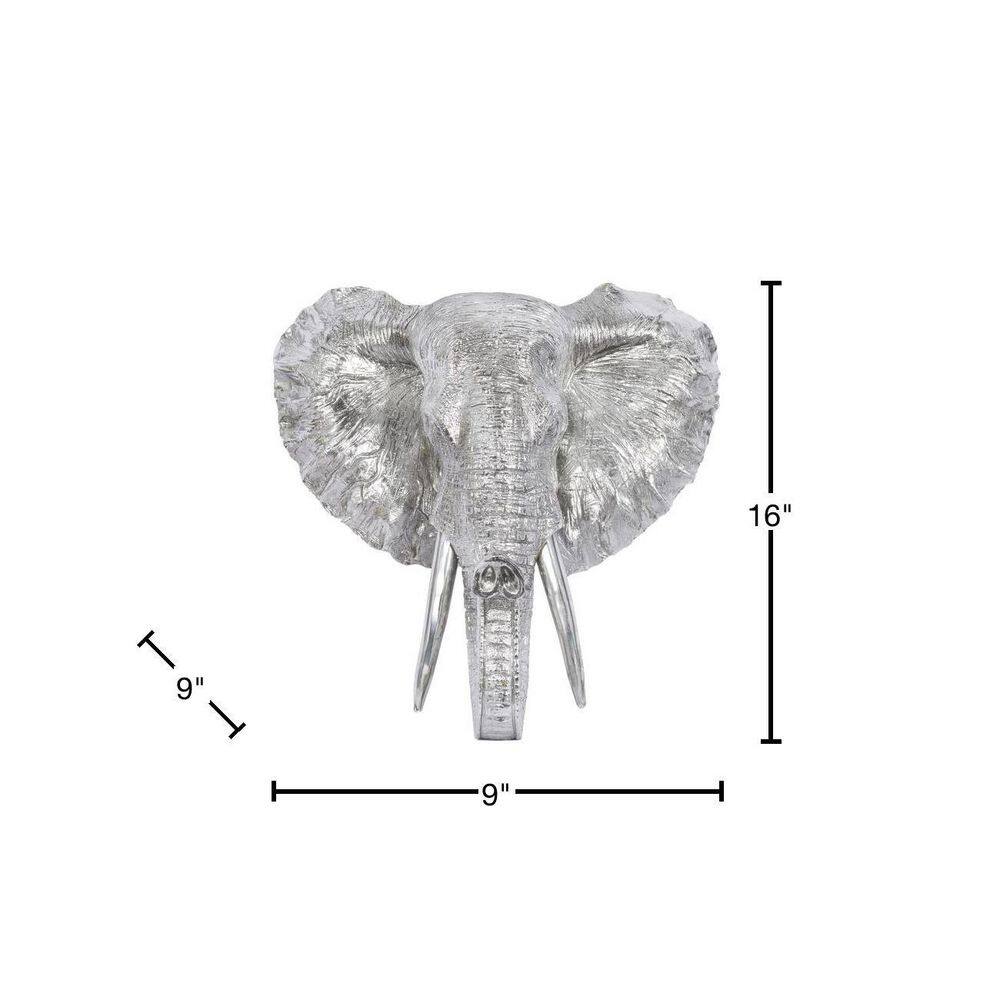 Silver Polystone Elephant Head Wall Sculpture with Tusks