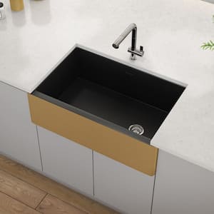 Fiamma Black and Gold Fireclay 30 in. Single Bowl Farmhouse Apron Offset Drain Kitchen Sink with Bottom Grid