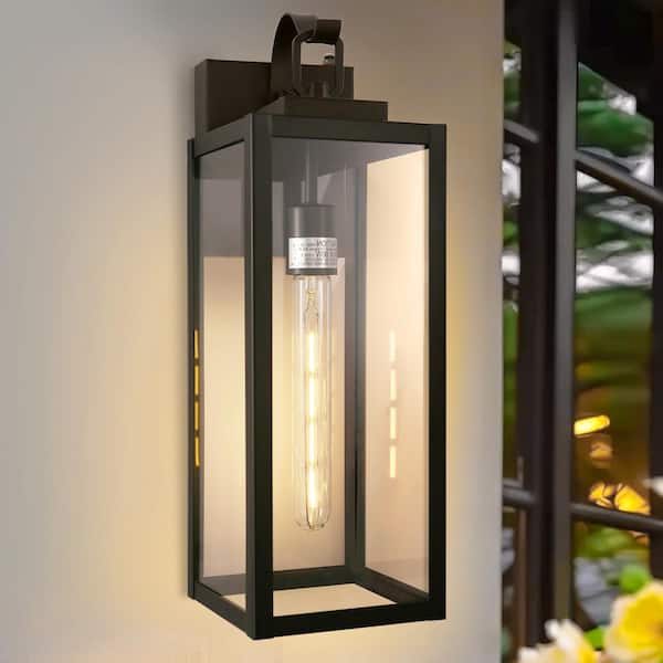 18 in. 2-Pack Black Dusk to Dawn Outdoor Lantern Sconce Wall Lights with Clear Glass Shade LED T30 Bulbs Included
