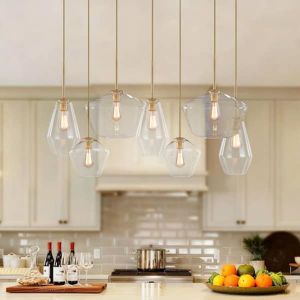 7 Light Antique Brass Modern Linear Chandelier for Kitchen Island, Hanging Cluster Pendant Light, Glass Ceiling Light