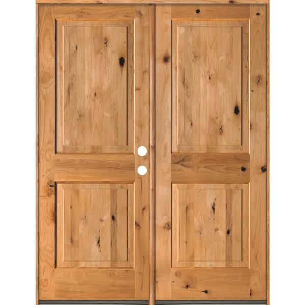 Krosswood Doors 64 in. x 80 in. Rustic Knotty Alder 2-Panel Square Top Clear Stain Left-Hand Inswing Wood Double Prehung Front Door