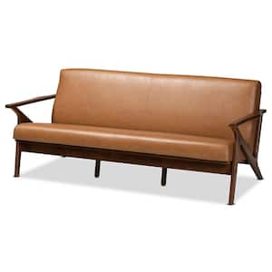 Bianca 72.05 in. Width Tan and Walnut Brown Faux Leather 3 Seats Sofa