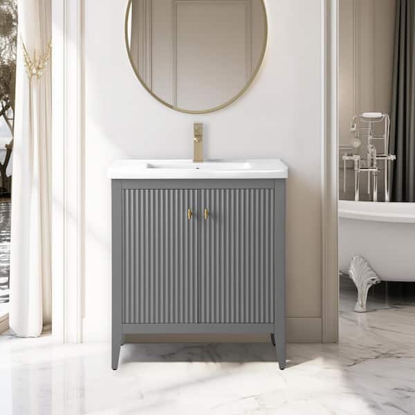 Vanity Art 30 in. W x 18.5 in D x 34 in. H Single Sink Bathroom Vanity Cabinet in Linear Gray with Ceramic Top
