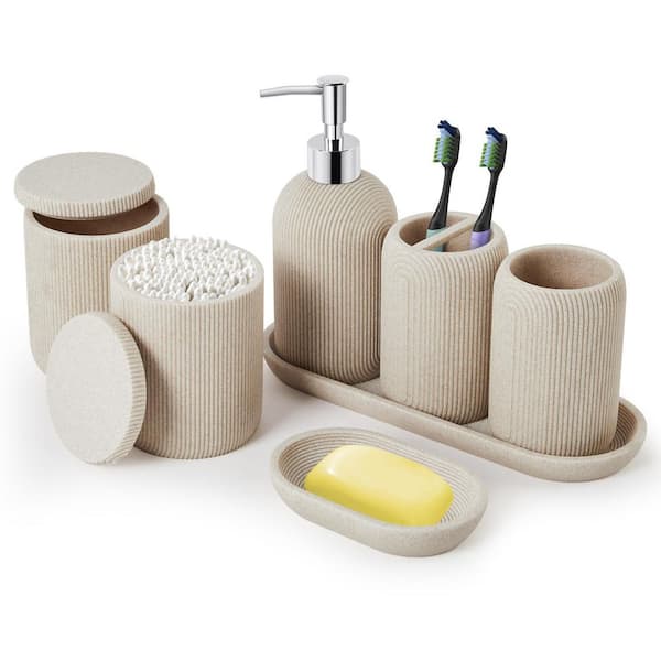 Numhew 7-Piece Beige Bathroom Set w/ Toothbrush Holders Set, Soap