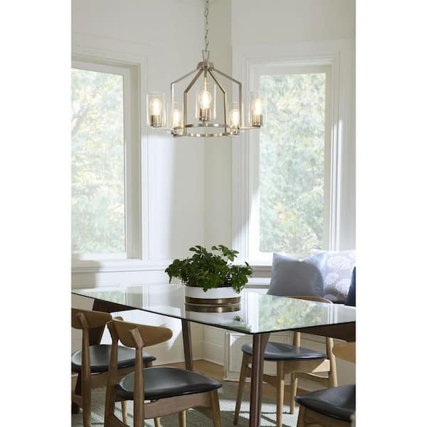 Goodwin 24 in. 5-Light Brushed Nickel Modern Farmhouse Chandelier with Clear Glass Shade