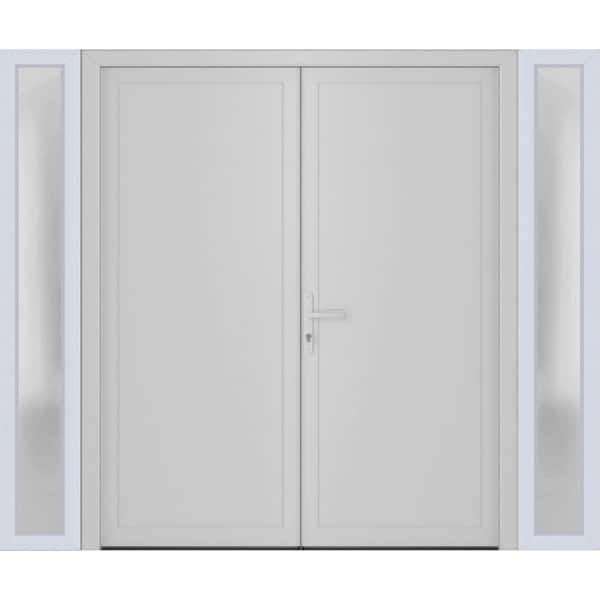 14+72+ 14 in. x 80 in. Right-hand/Inswing Frosted Glass White Silk Steel Prehung Front Door with Hardware