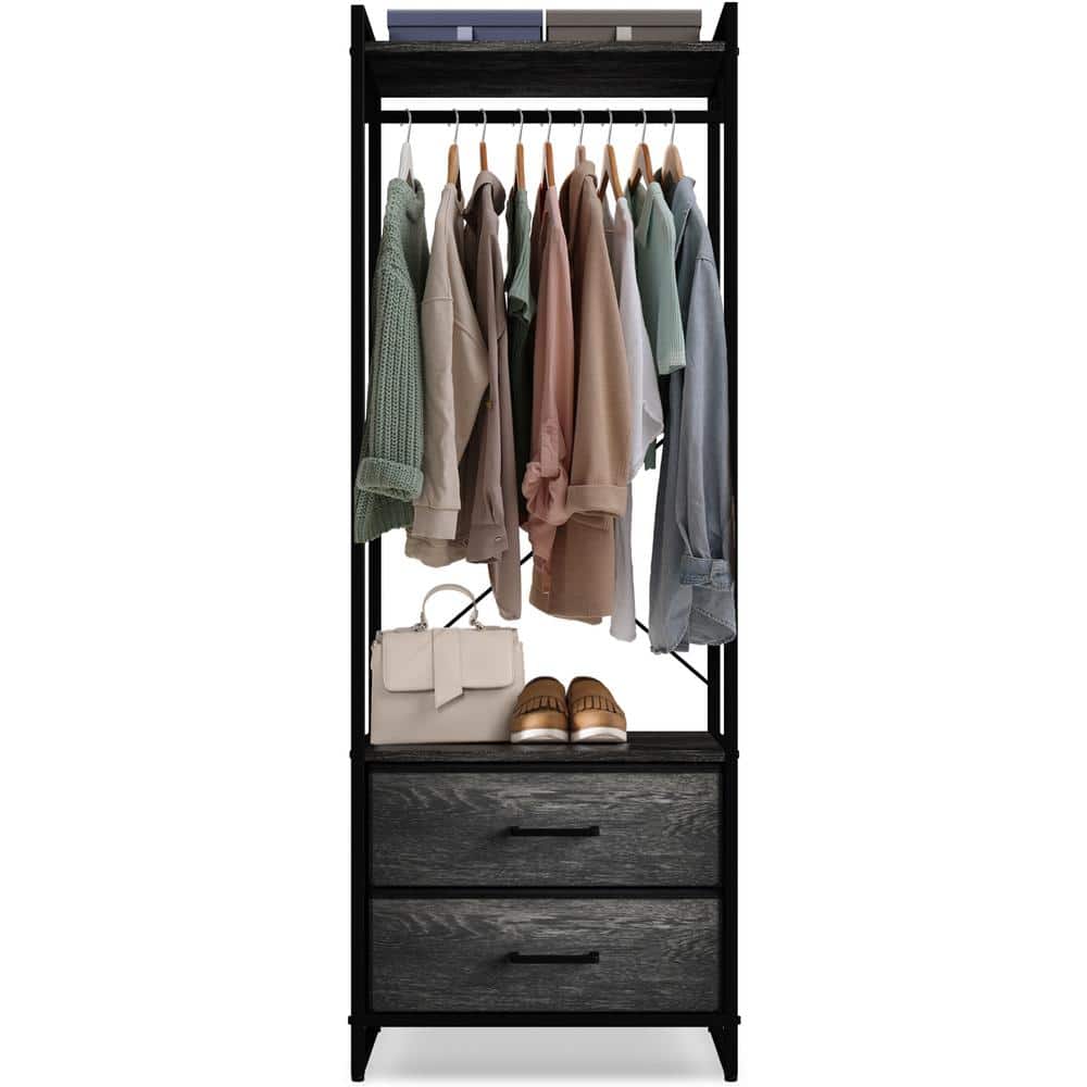 Portable Black and Gray Wood Clothing Rack with Drawers