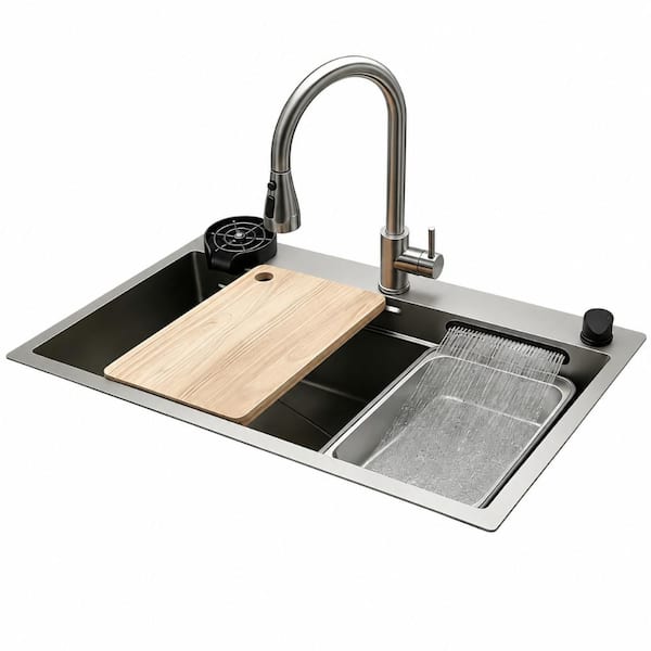 33 in. Drop-In Single Bowl 11 Gauge Waterfall Workstation Stainless Steel Kitchen Sink with Cup Rinser